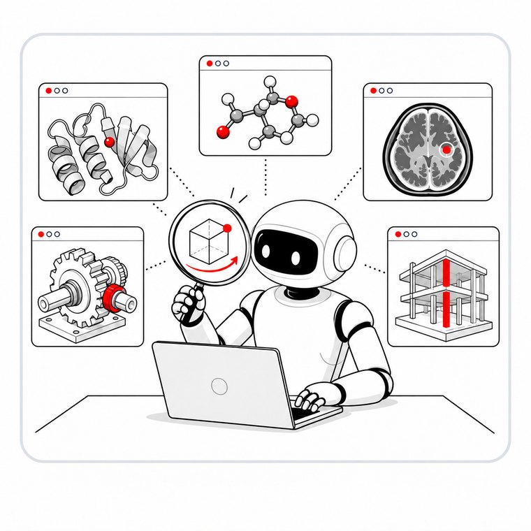 A robot at a laptop inspecting a 3D cube through a magnifying glass, ringed by panels showing a protein ribbon, a molecule, a brain scan, a gear assembly and a building frame.